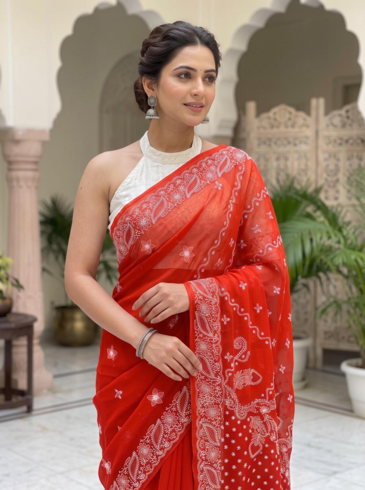 Red Lucknowi Georgette Chikankari Saree