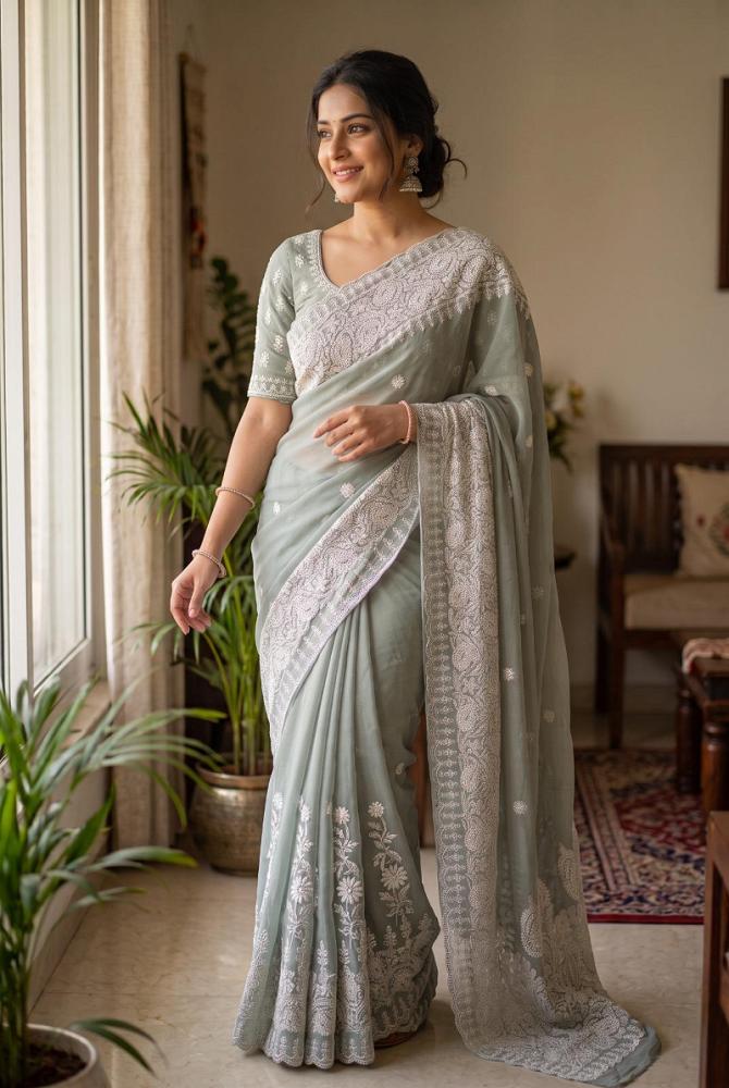 Light Grey Georgette Lucknowi Chikankari Work