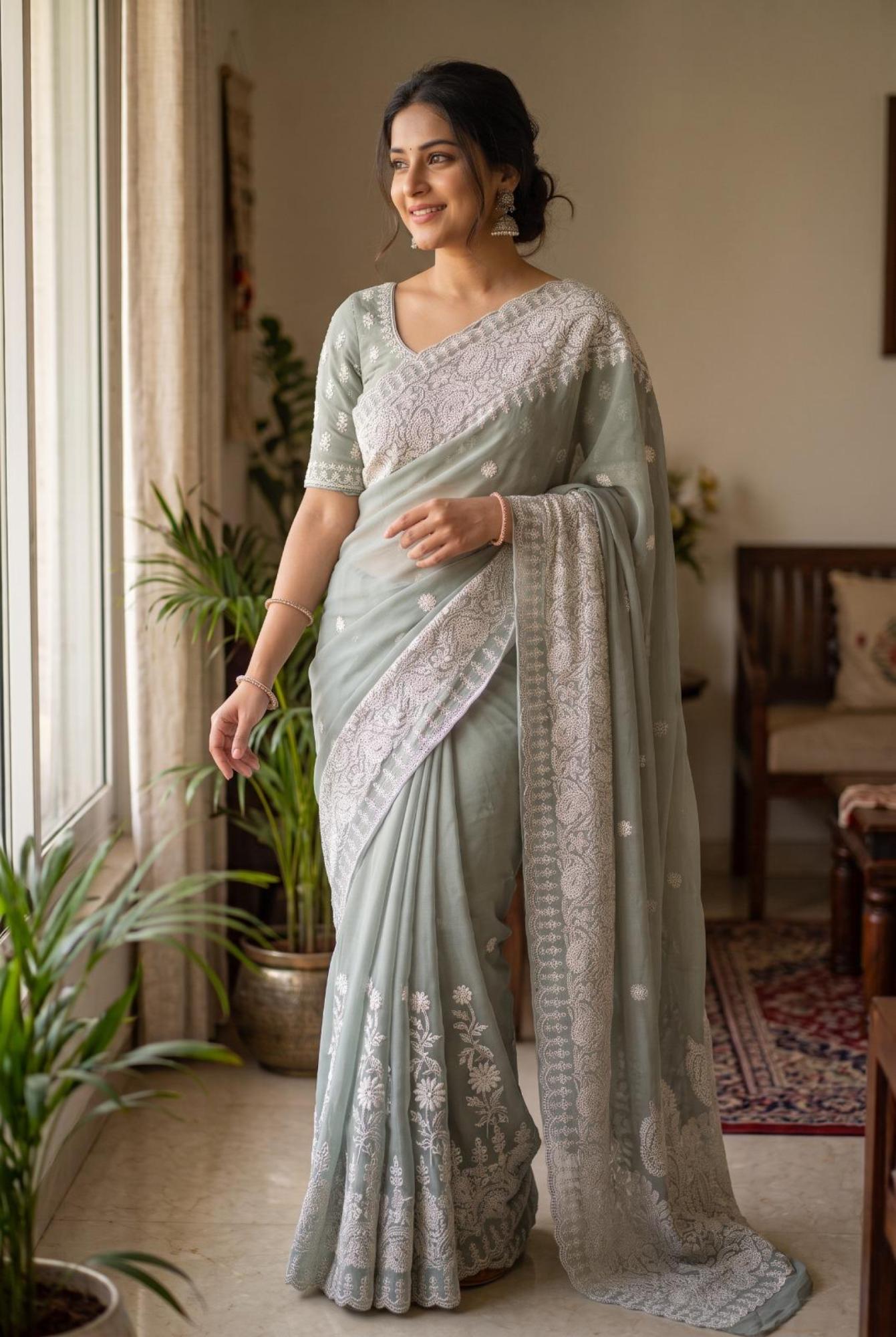 Light Grey Georgette Lucknowi Chikankari Work