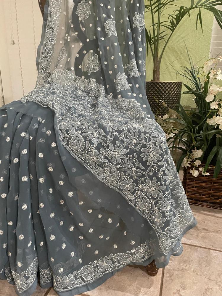Dark  Grey Lucknowi Chikankari Work