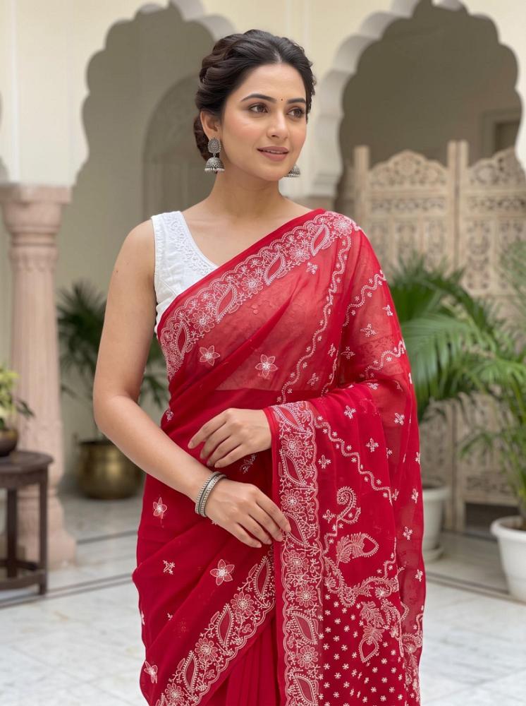 Red Lucknowi Georgette Chikankari Saree