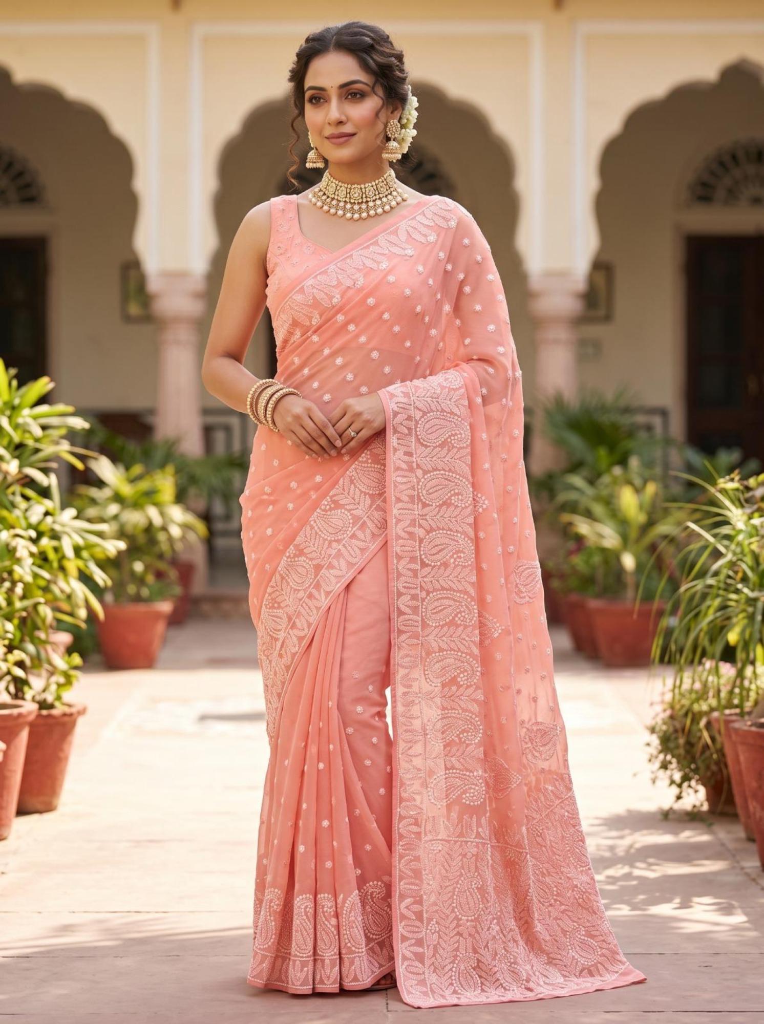 Peach Georgette Lucknowi Chikankari Work