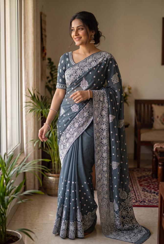Dark  Grey Lucknowi Chikankari Work