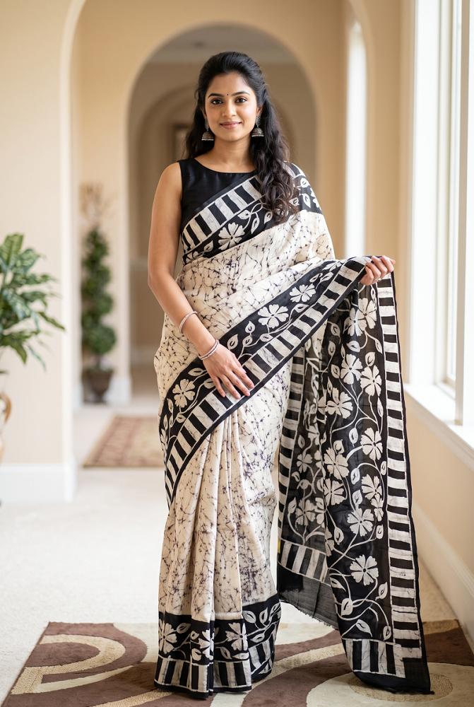 Off white and Black Batik Silk