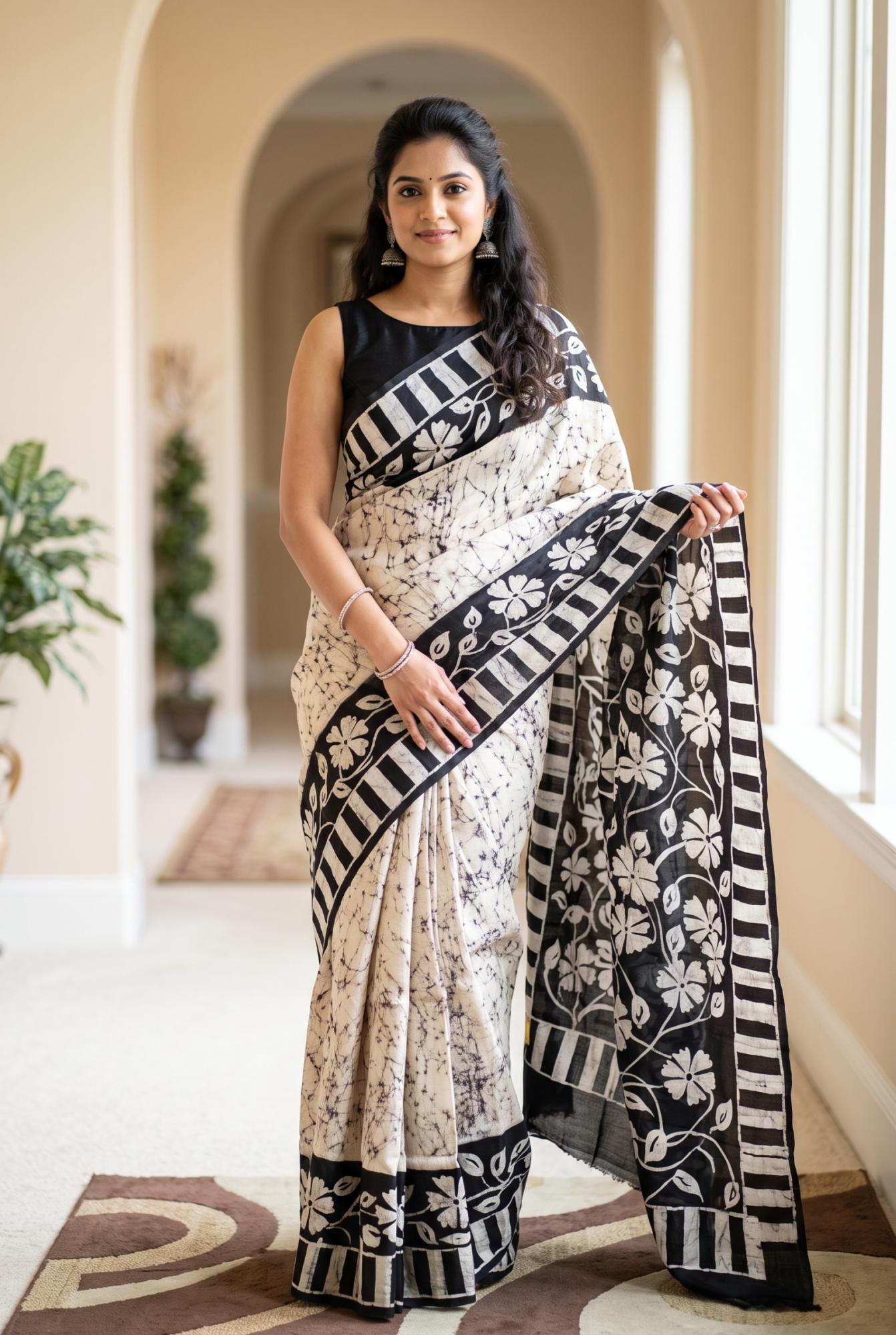 Off white and Black Batik Silk