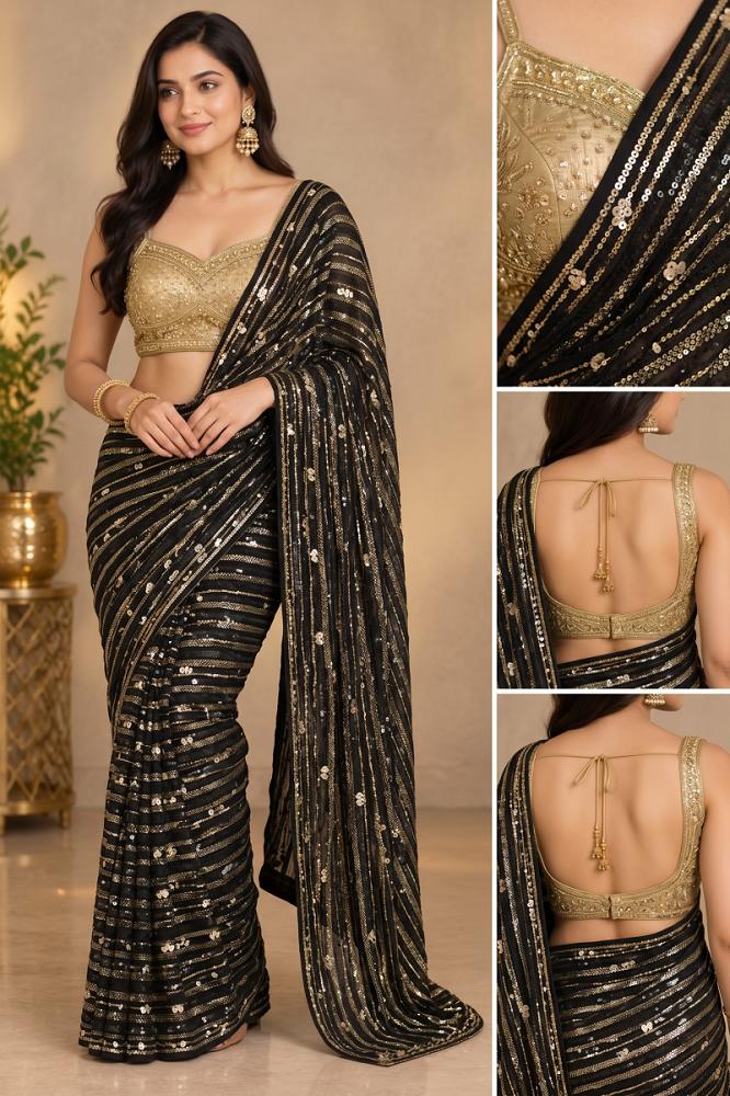 Black and Gold Sequins Saree