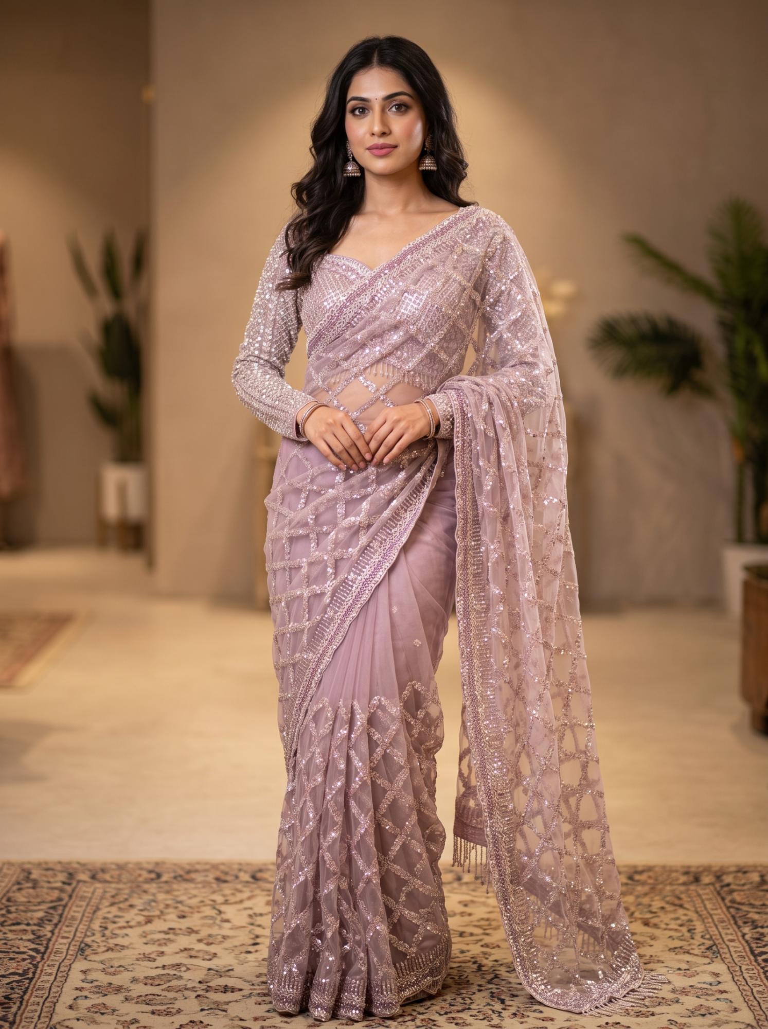 Mauve Color Net Saree 