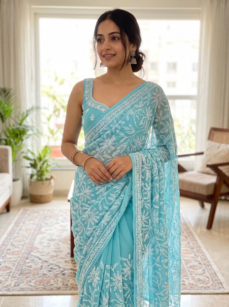 Elegant Sky Blue Tapchi Work Saree