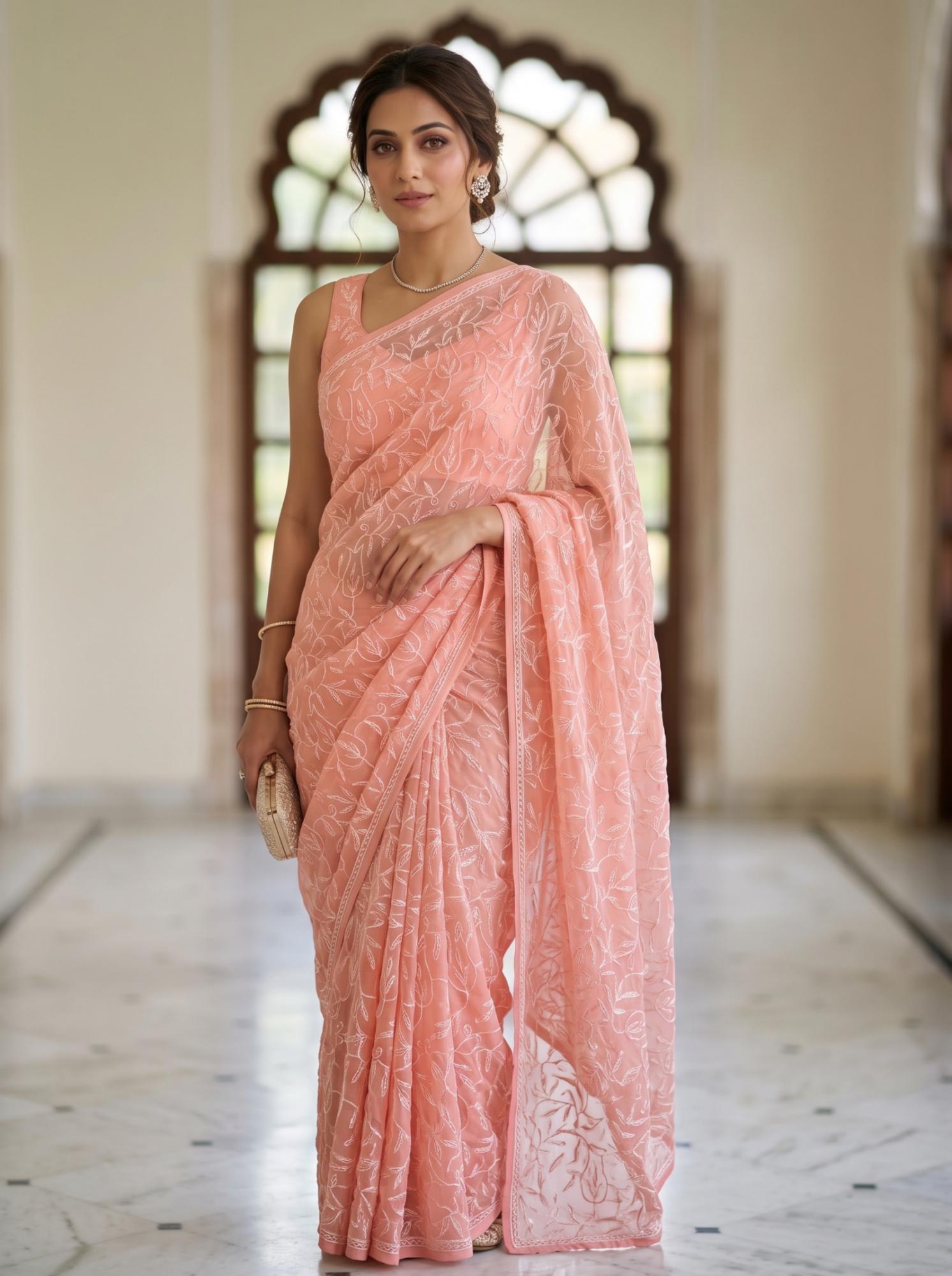 Elegant Peach Color Tapchi Work Saree