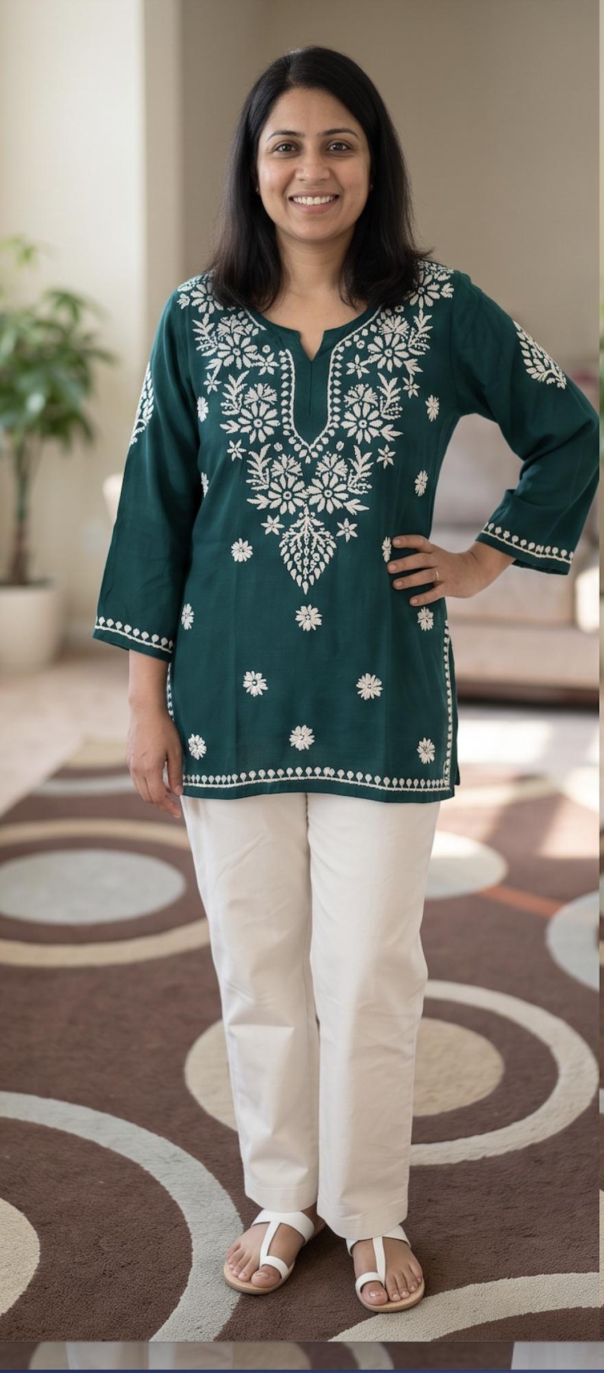 Chikankari Cotton Kurti: Floral Embroidery, Straight Silhouette (3/4 Sleeves)