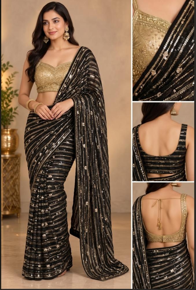 Black and Gold Sequins Saree