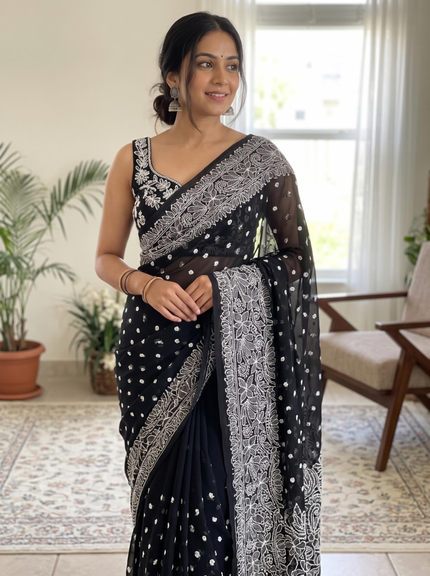 Georgeous Black Georgette Lucknowi Chikankari Work